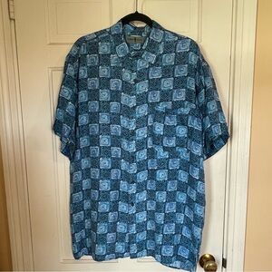 Vintage Robert Stock 100% Silk Men Shirt  Size Large Blue Geometric Button Up